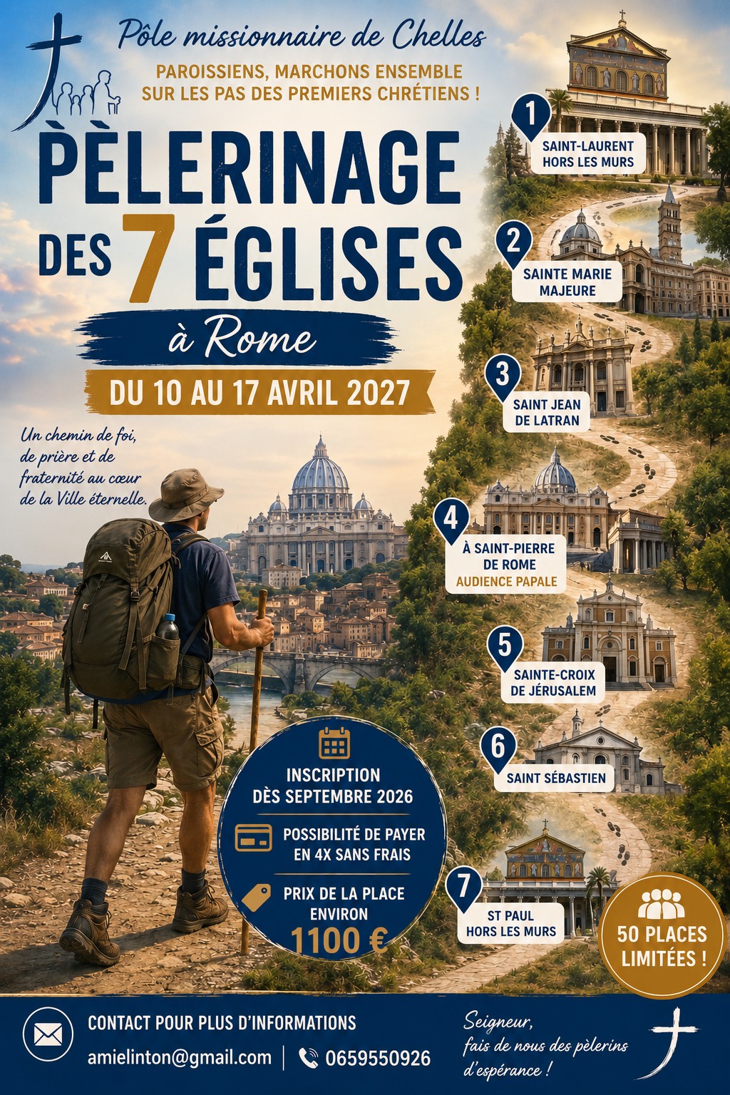 Le Pôle Missionnaire de Chelles vous invite                               à participer au Pèlerinage des 7 Eglises à Rome.                                                       Du 10 au 17 Avril 2027.